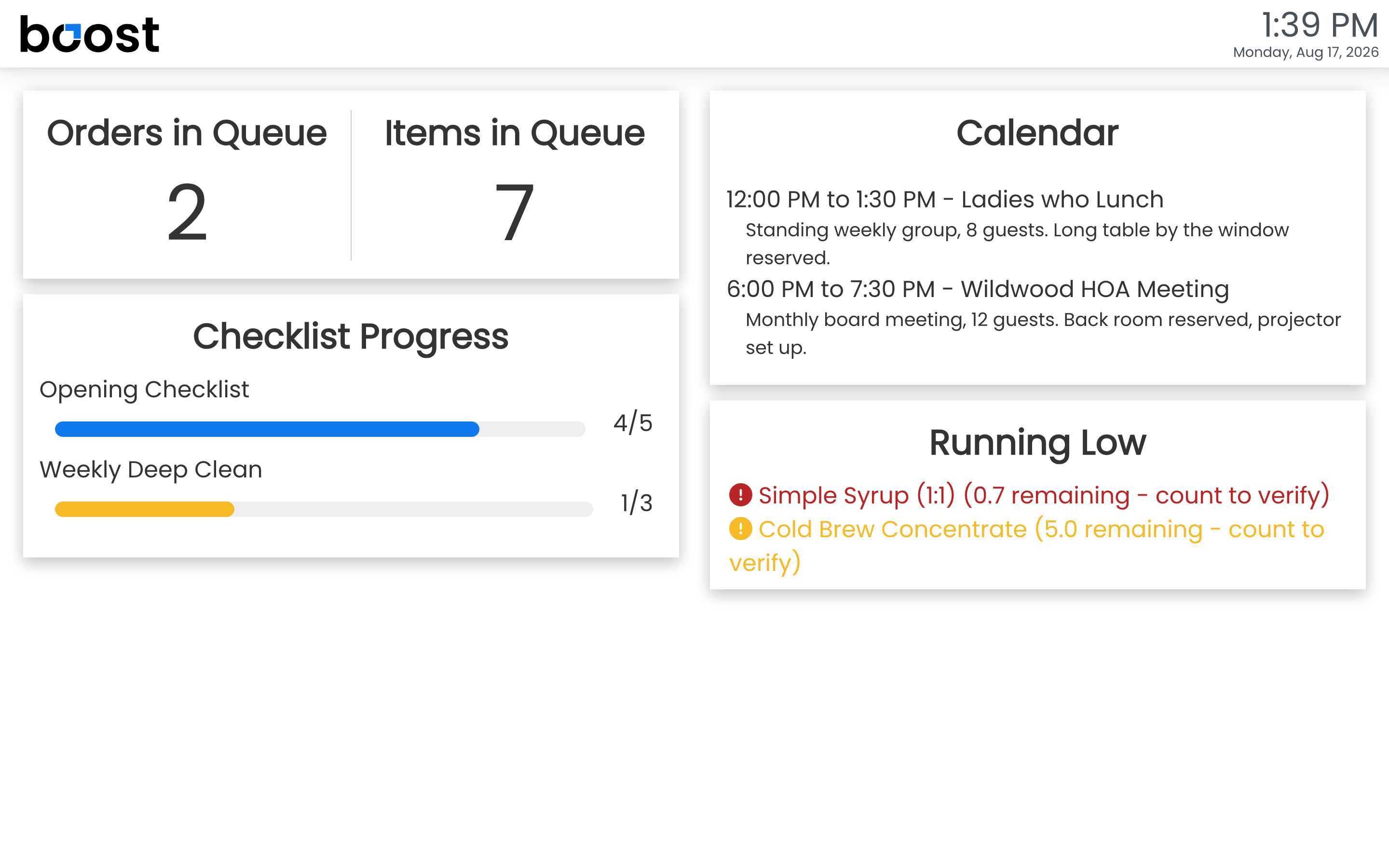 The Notification screen showing orders in queue, today's calendar, checklist progress, and running low items