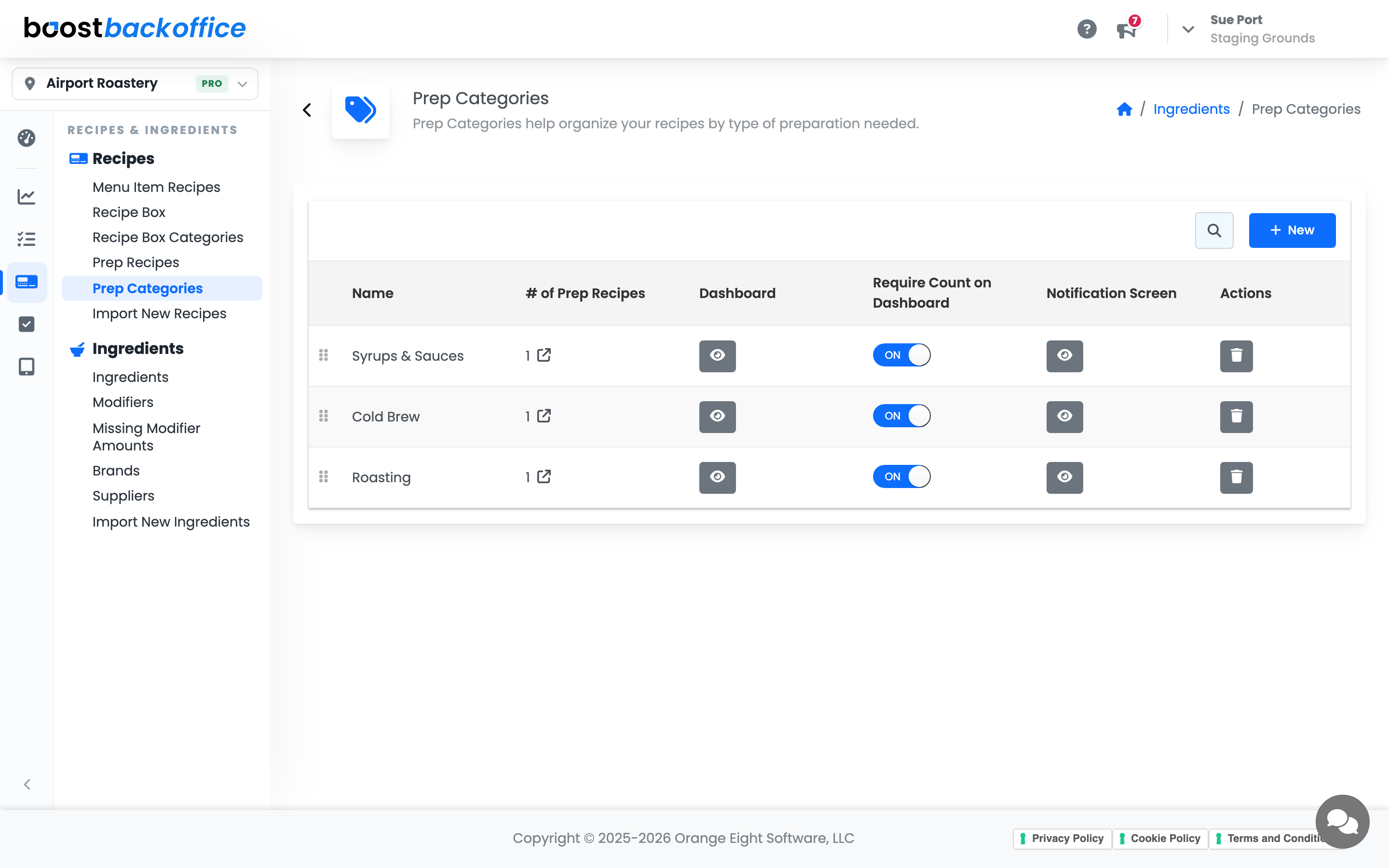 The Prep Categories list with its Notification Screen toggles
