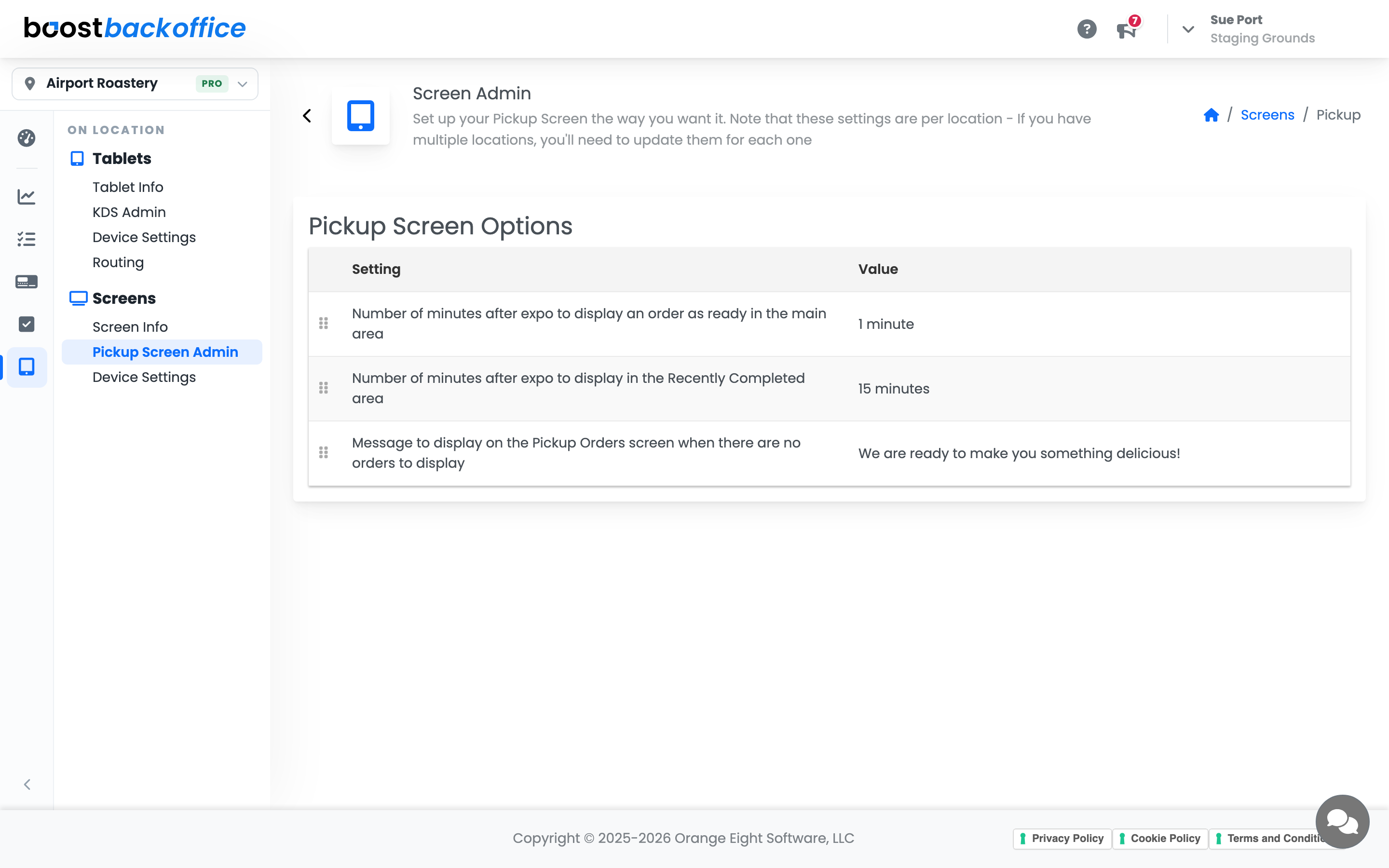 The Pickup Screen Options settings table