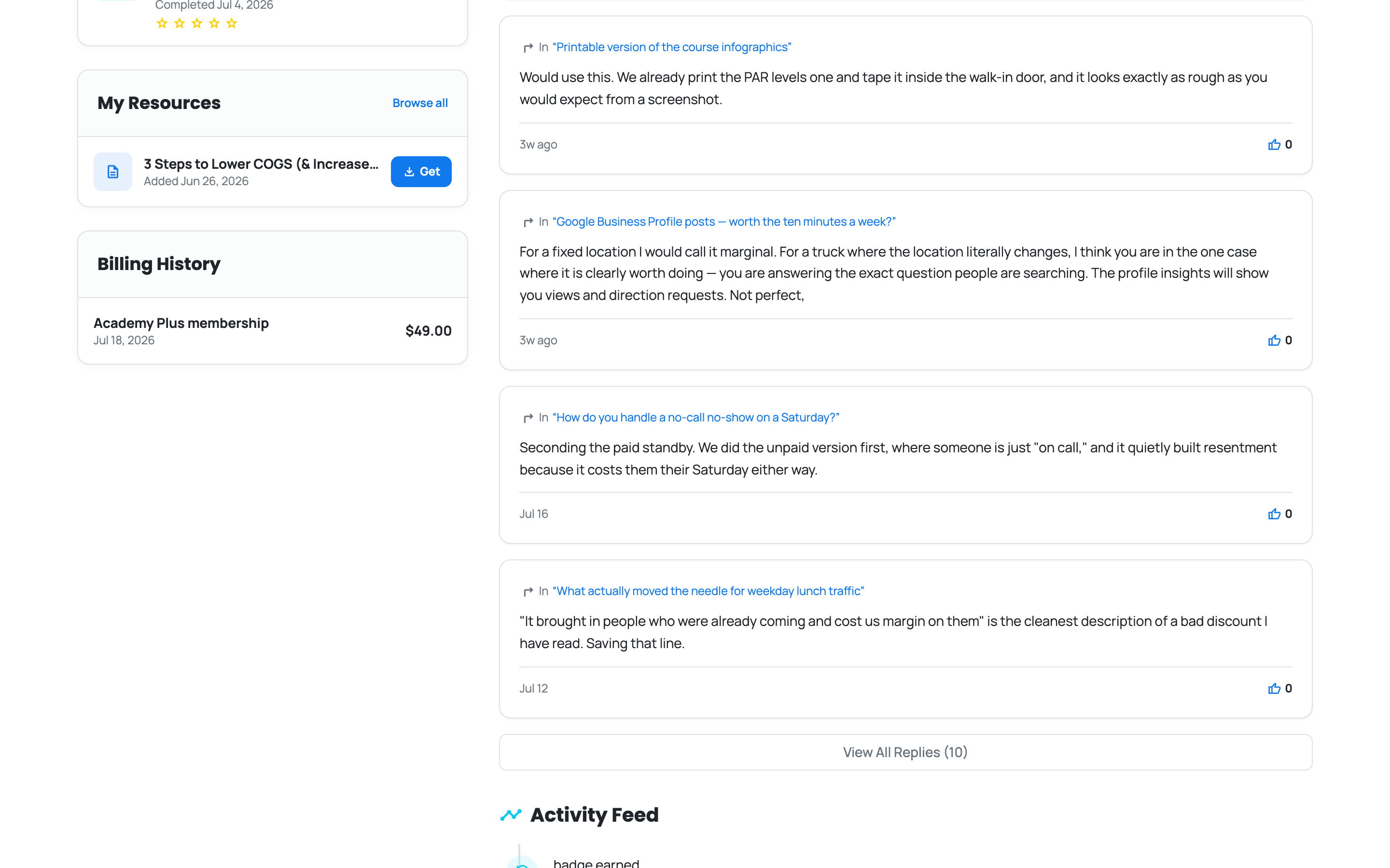 The Billing History section listing payments with dates and amounts