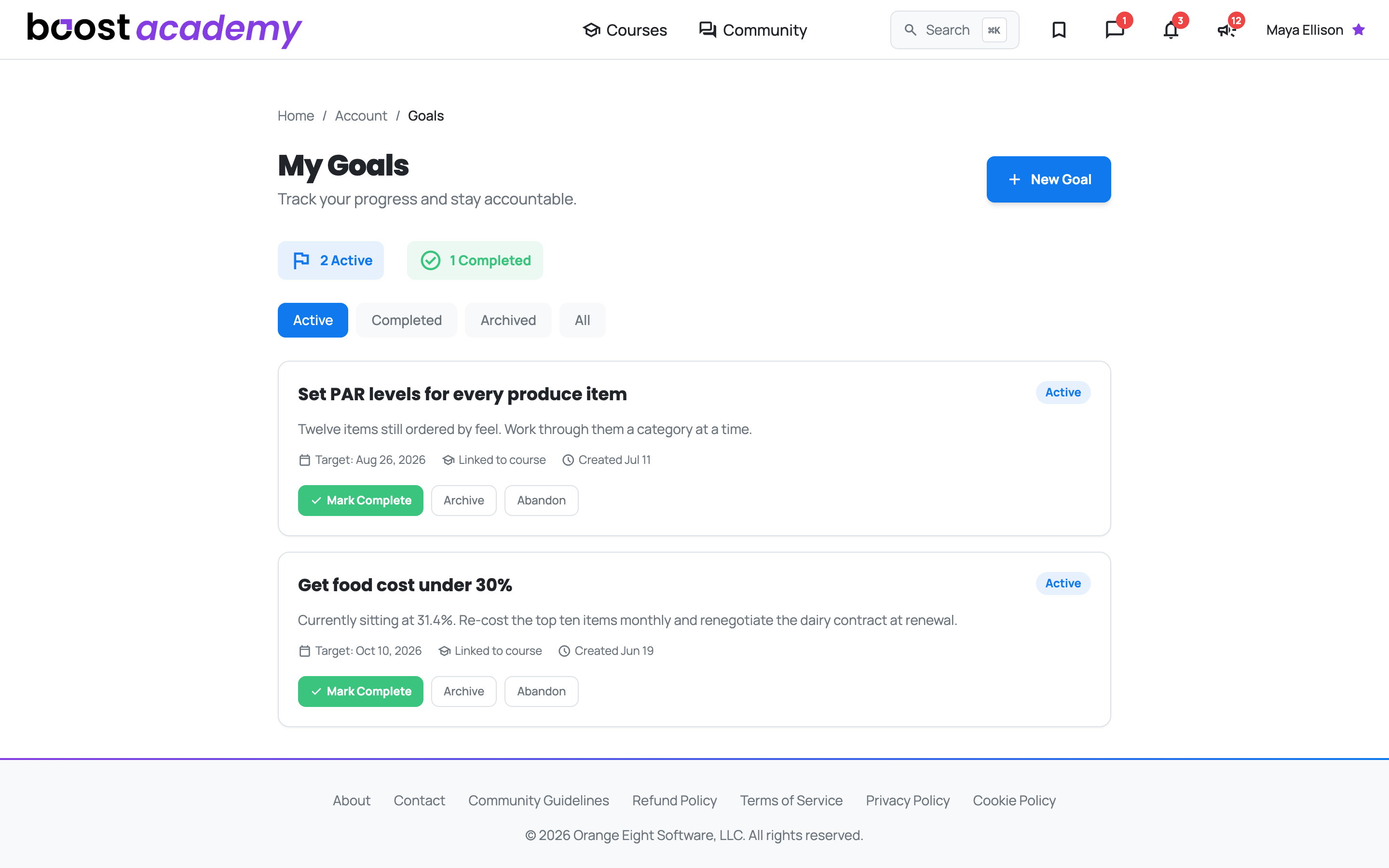 The My Goals page with active goals, target dates, and completion actions