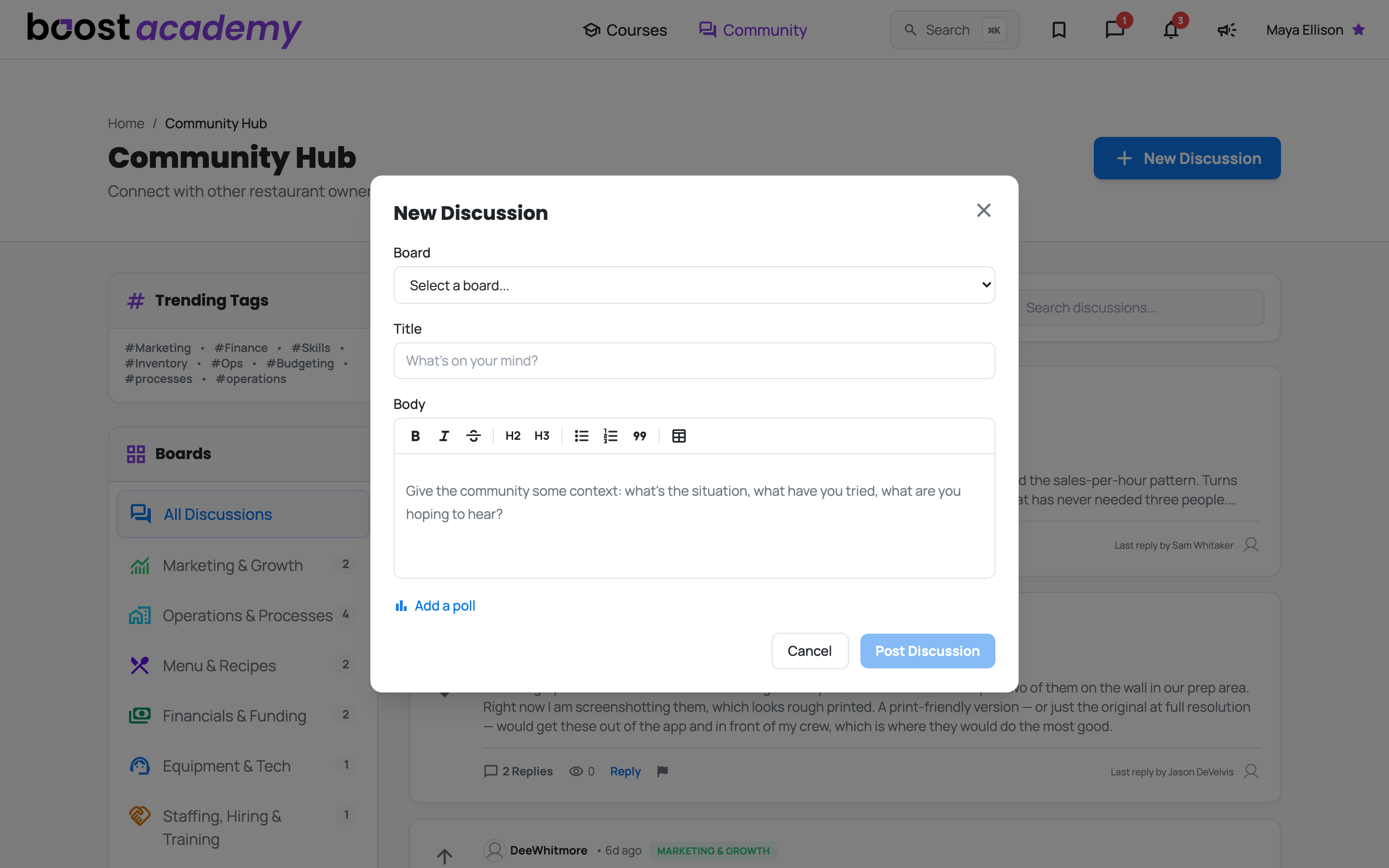 The New Discussion modal with board selection, title, and the rich text body with its formatting toolbar