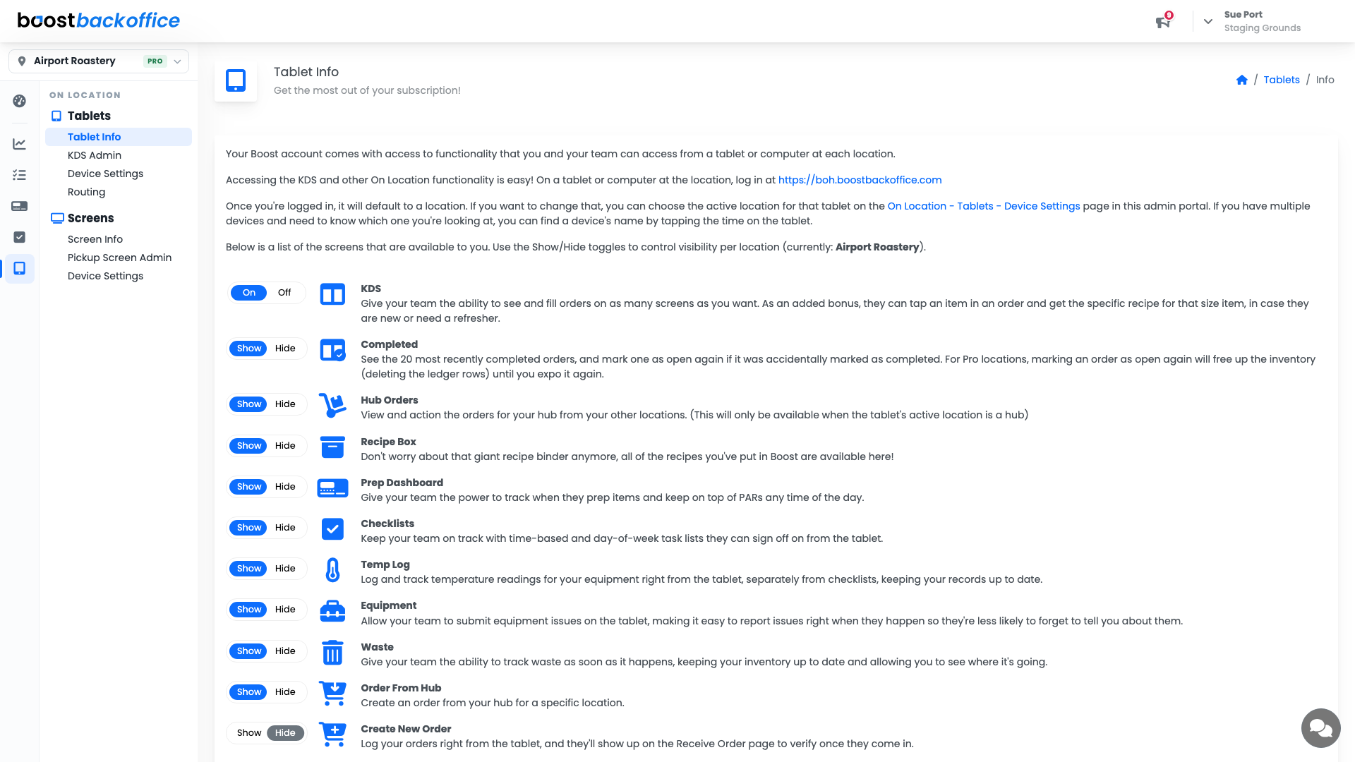 The Tablet Info page