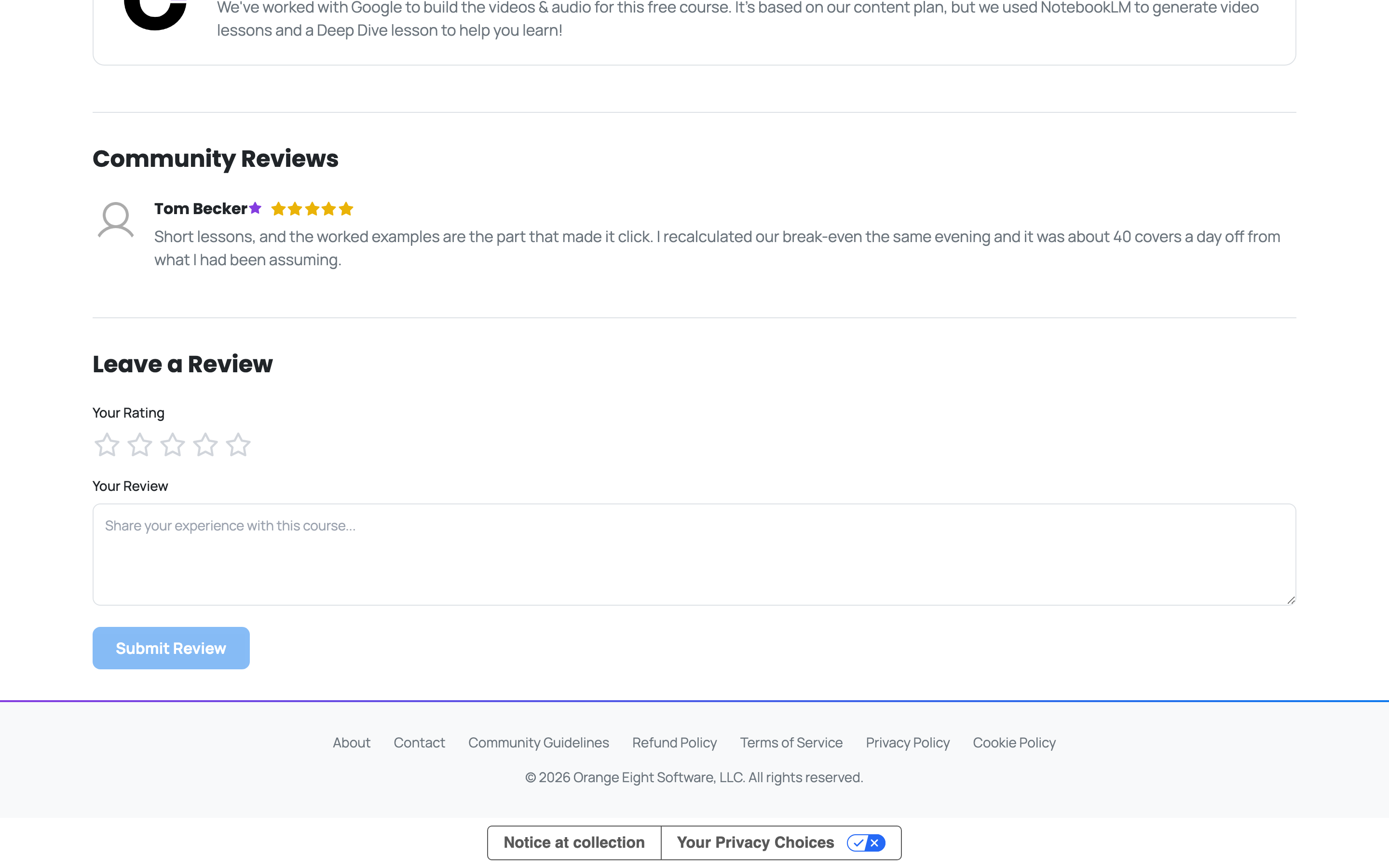 The course reviews section below the player