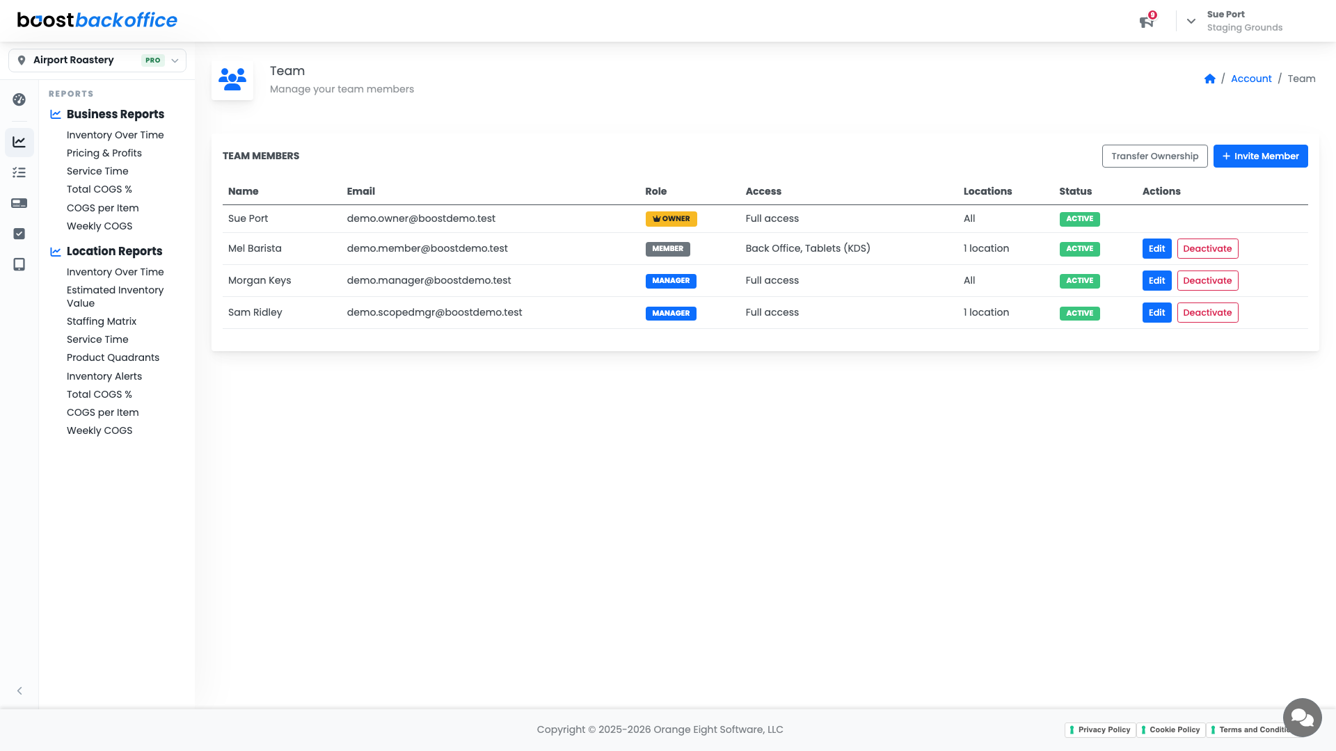 The Team page with roles, access, and locations per member