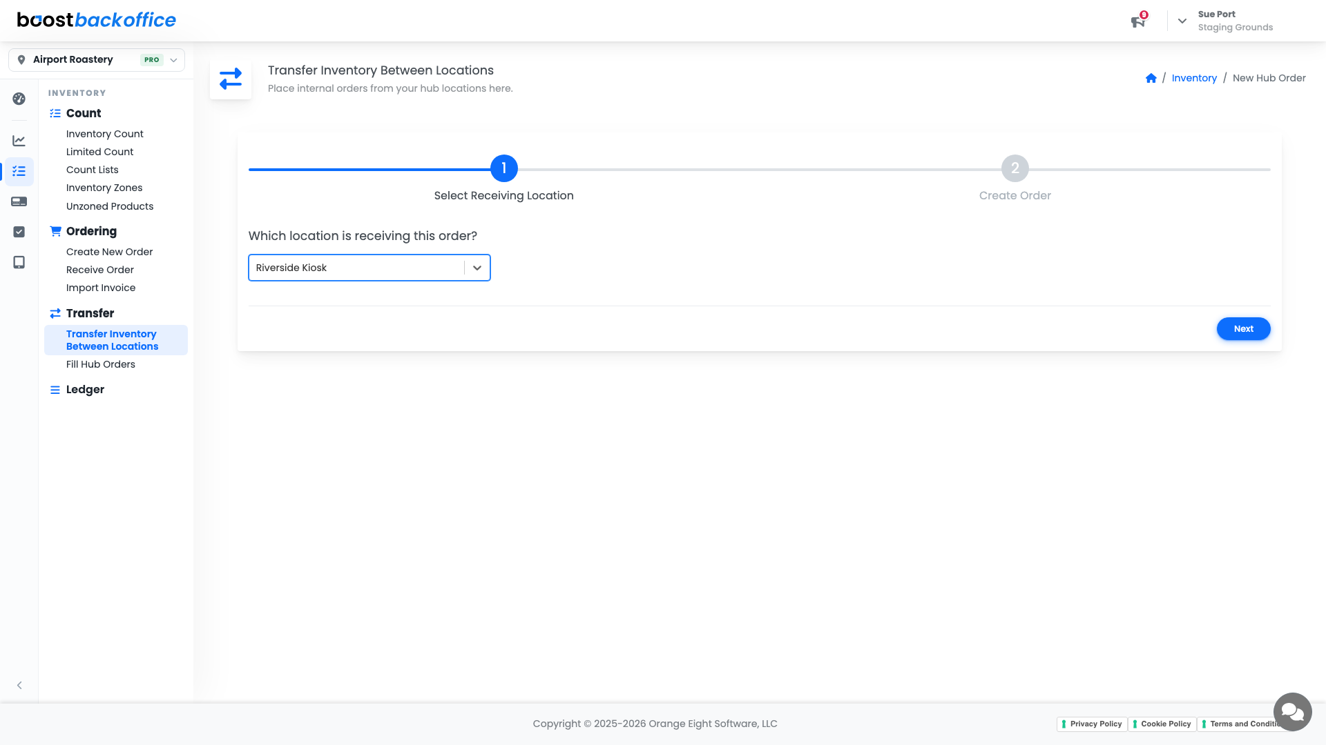 Step one of the transfer wizard, choosing the receiving location