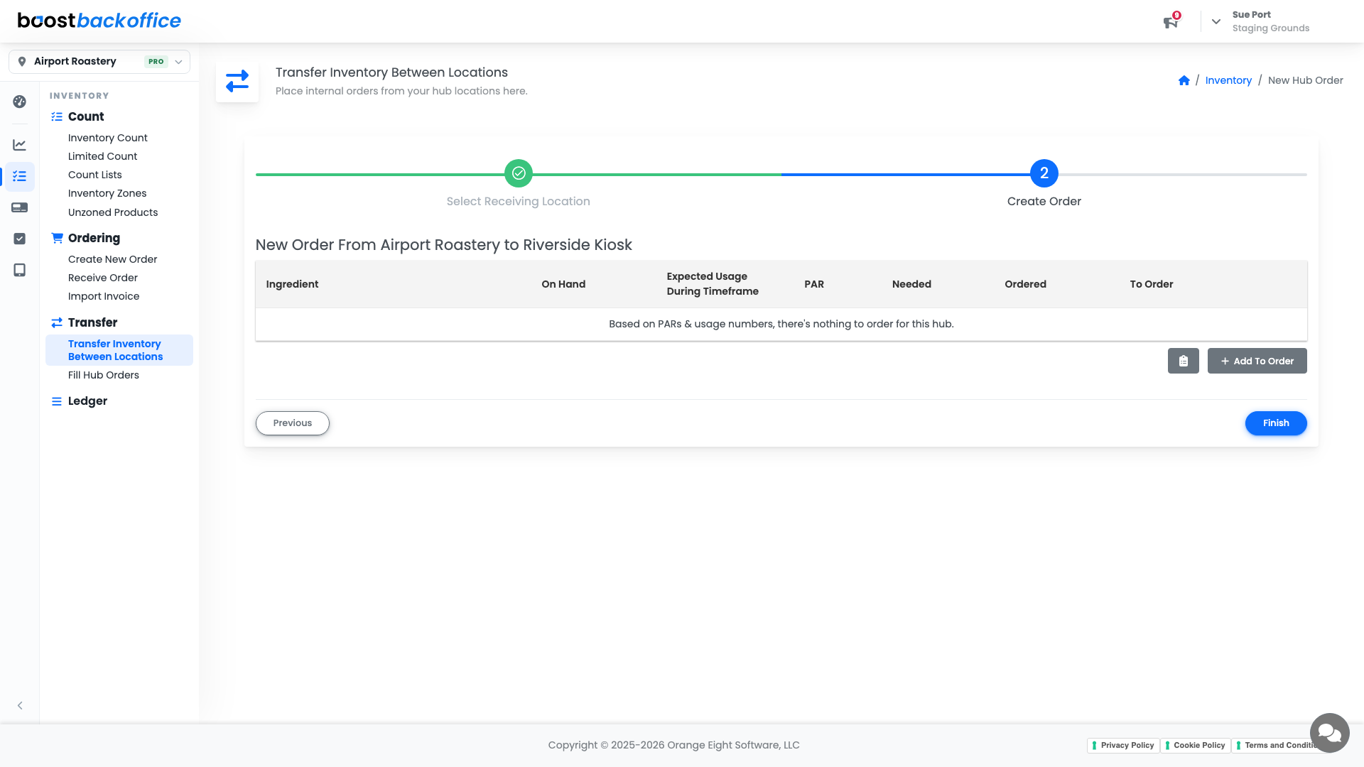 Step two of the transfer wizard, building the order between two locations