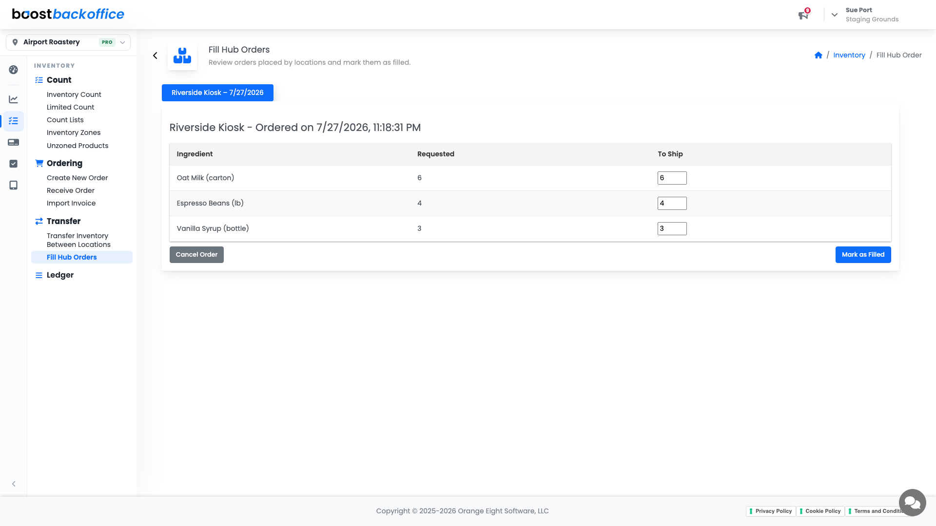 The Fill Hub Orders screen