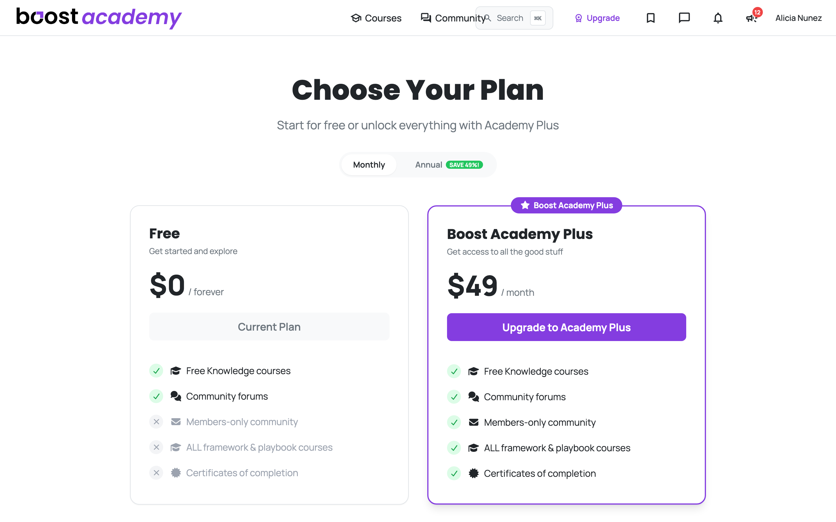 The pricing page as a free member, showing the upgrade call to action