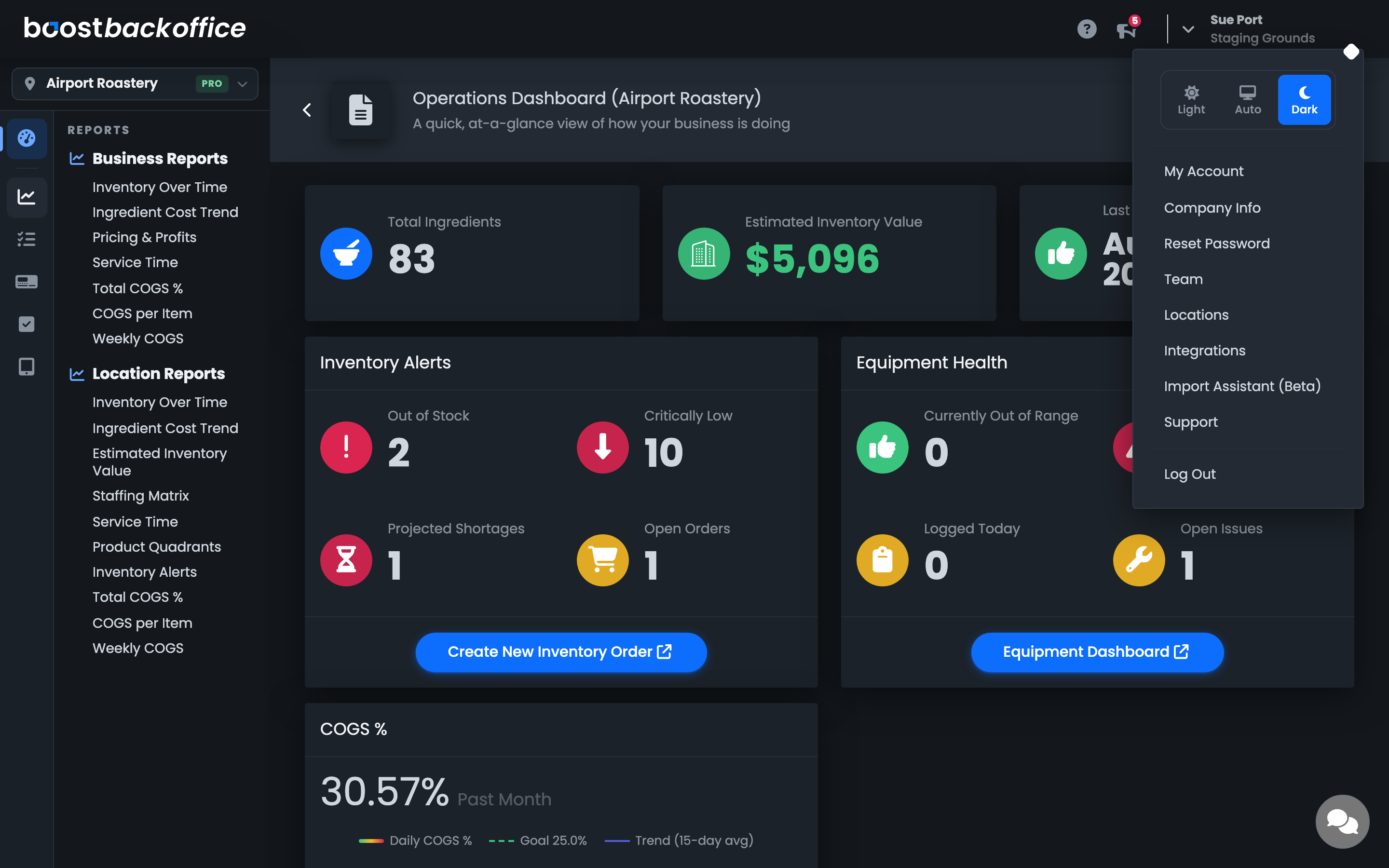 The dashboard in dark mode