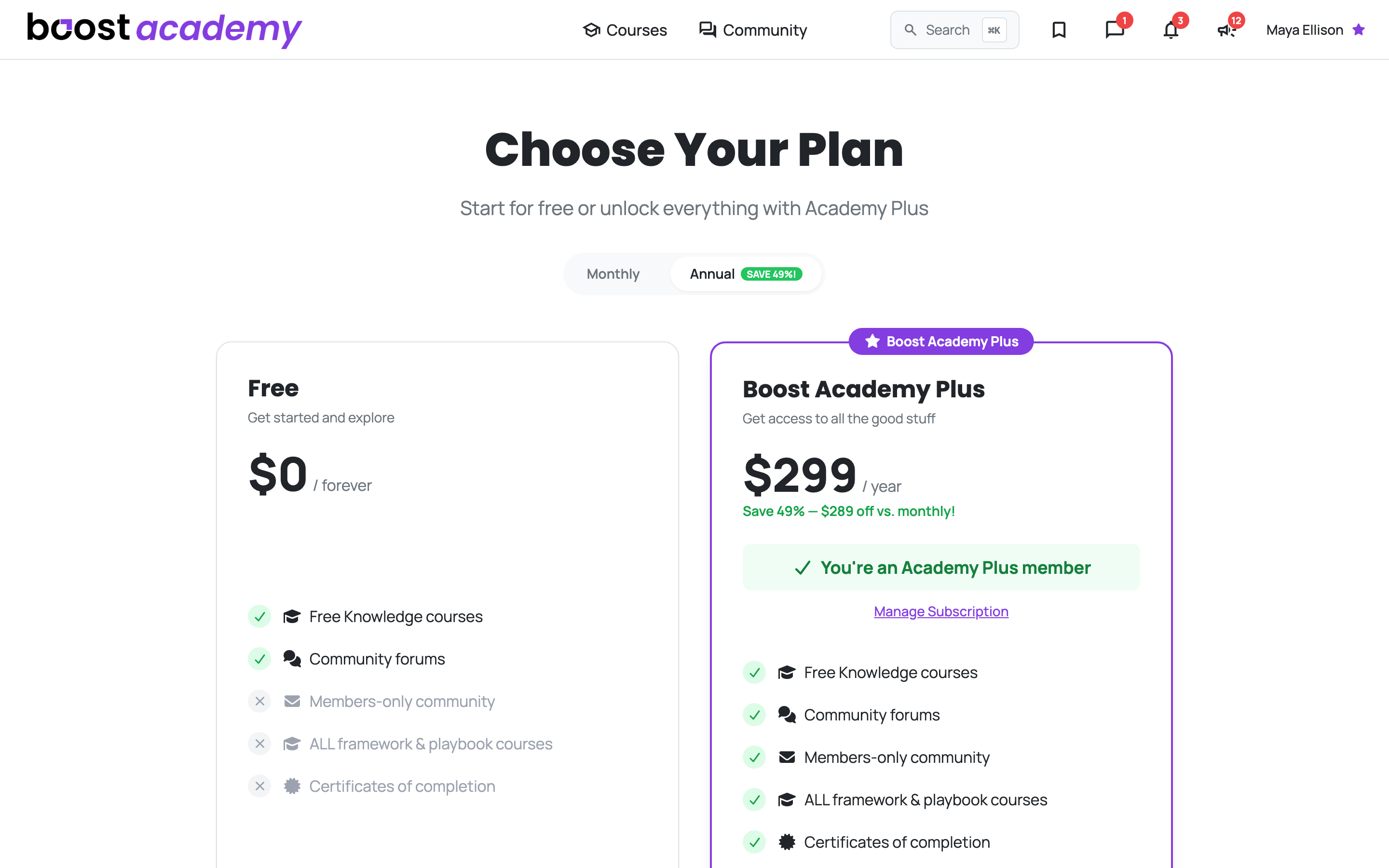 The pricing page comparing the Free tier against Boost Academy Plus, with the annual toggle selected